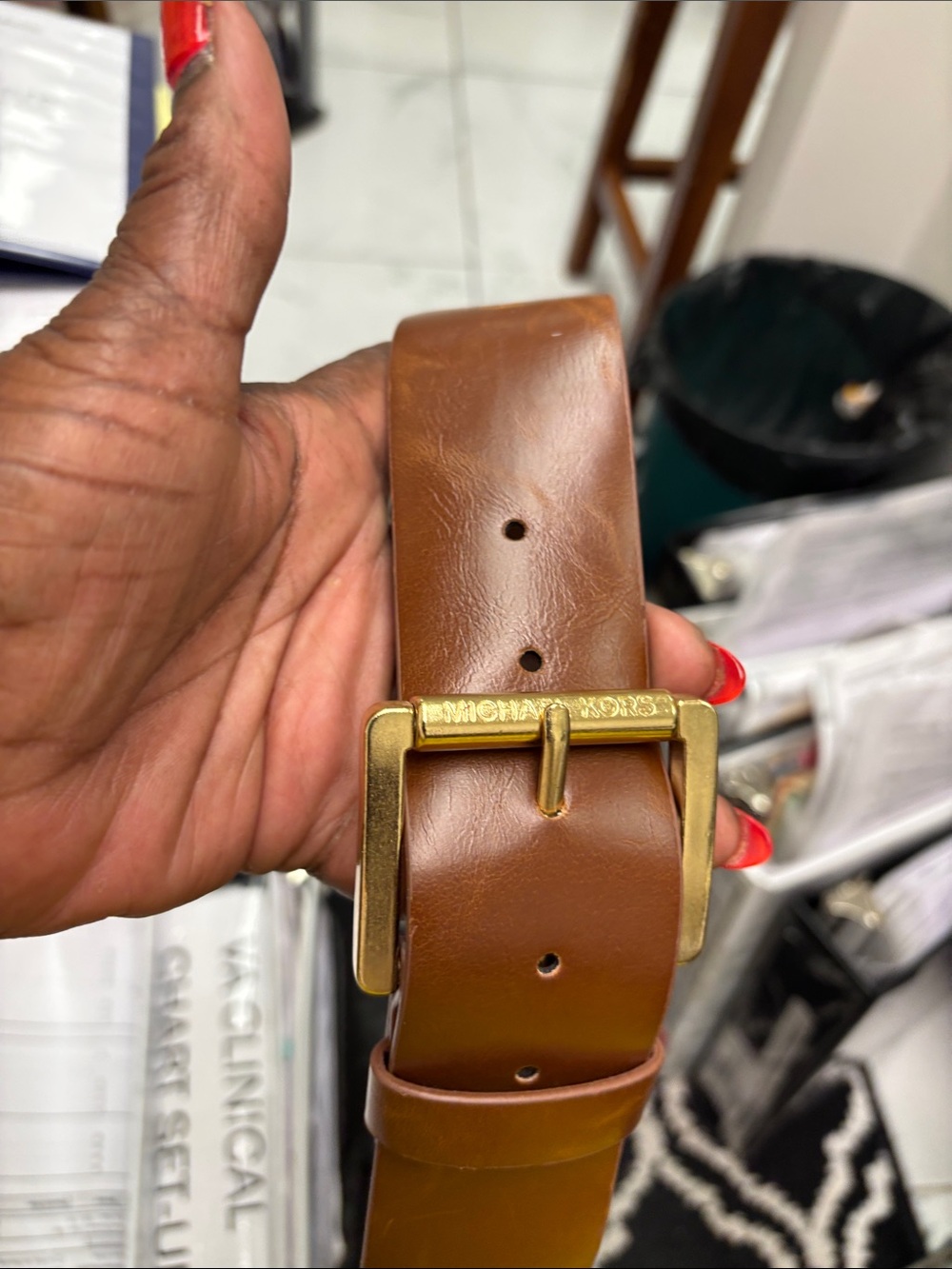 Michael Kors Brown Leather Belt with Gold-Tone Buckle - L 38”, waist 34-38, NWOT